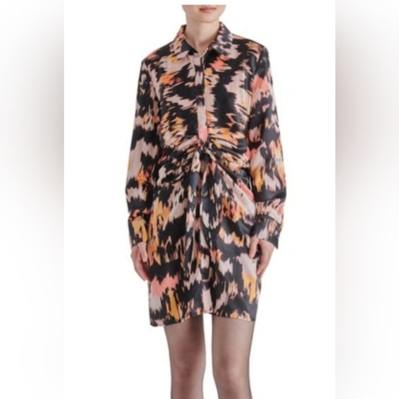 TIE CURIOUS LONG SLEEVE SHIRTDRESS IN PEACH PARFAIT - Picture 1 of 5